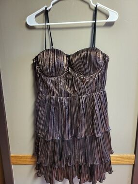 Vici Metallic Bronze Tiered Pleated Prom Dress